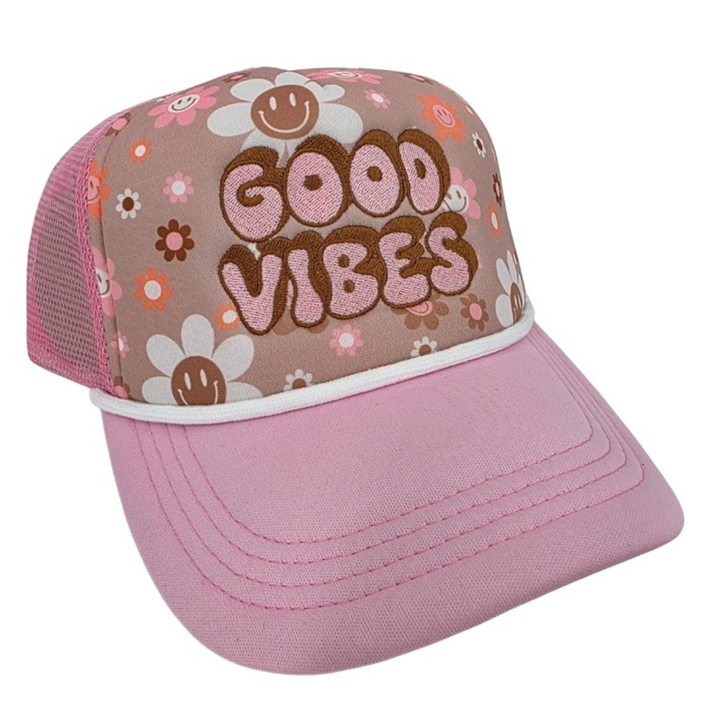 SIMPLY SOUTHERN Retro Floral Good Vibes Trucker Hat Pink Mesh Adjustable NWT